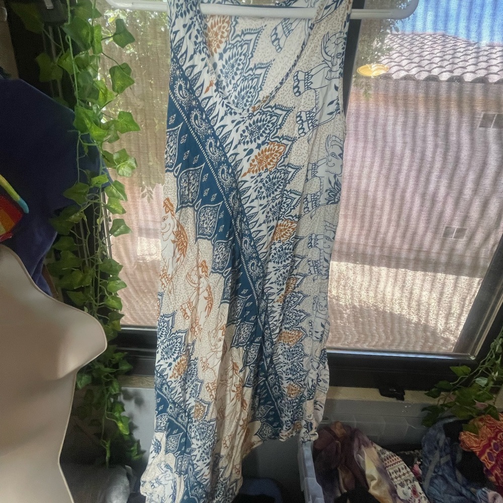 Bohemian Wrap Maxi Dress in Blue & Cream
